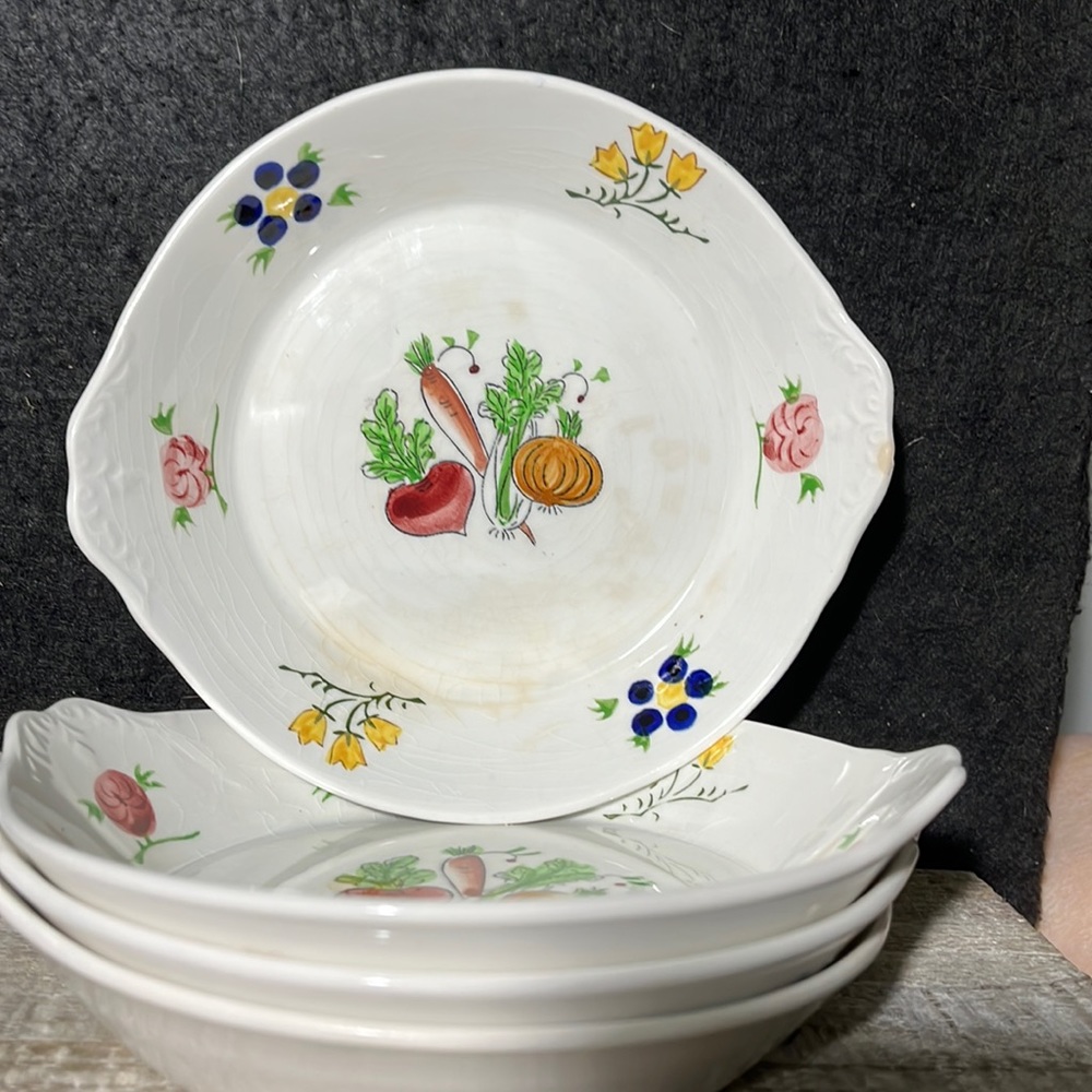 4  IRONSTONE China Hand Painted Chase OVEN PROOF ROUND GRATIN DISH 6.5"